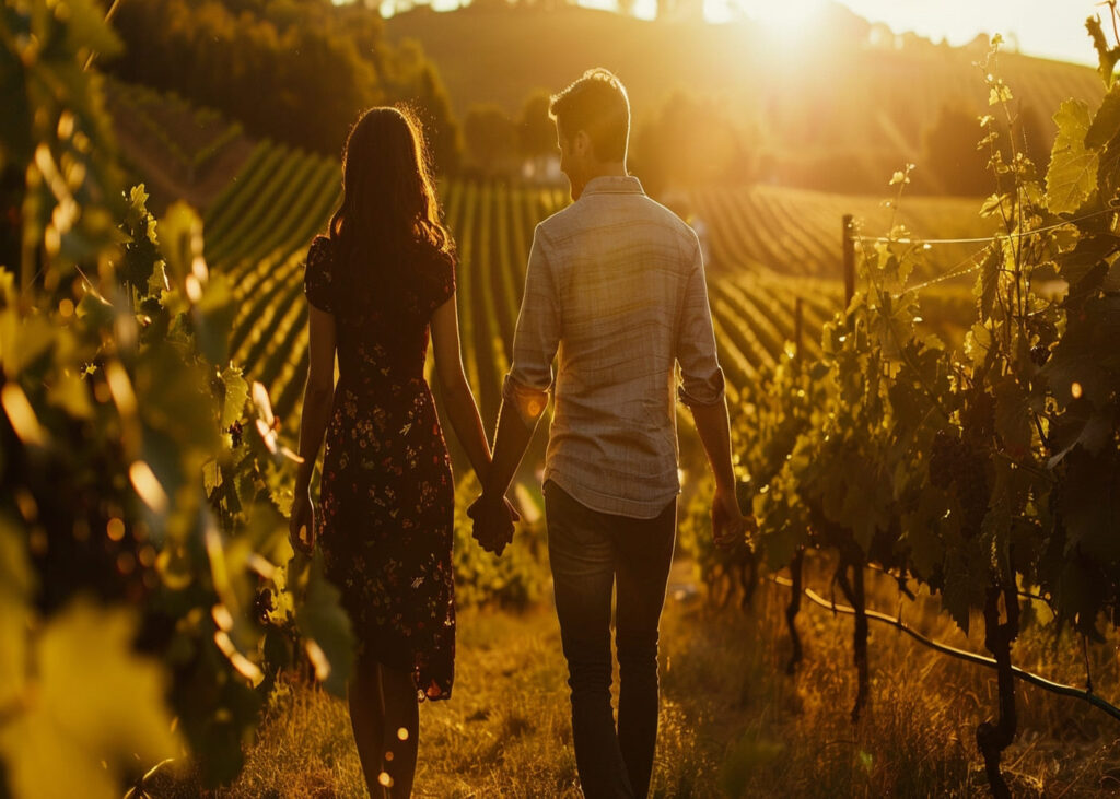 couple-vue-de-dos-qui-se-balade-main-dans-la-main-au-milieu-des-vignes-au-coucher-du-soleil