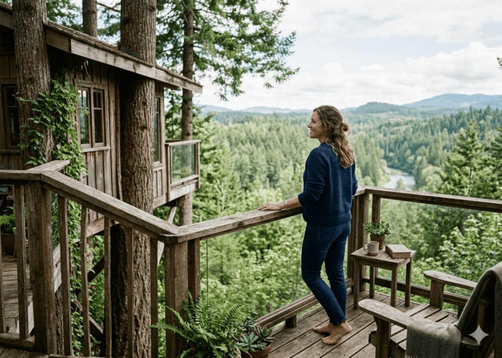 femme-souriante-sur-la-terrasse-d-une-cabane-dans-les-arbres