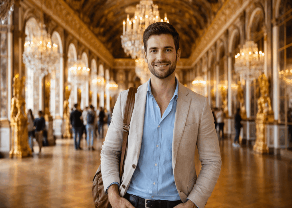 homme-souriant-vue-de-face-qui-visite-la-galerie-des-glaces-au-chateau-de-versailles