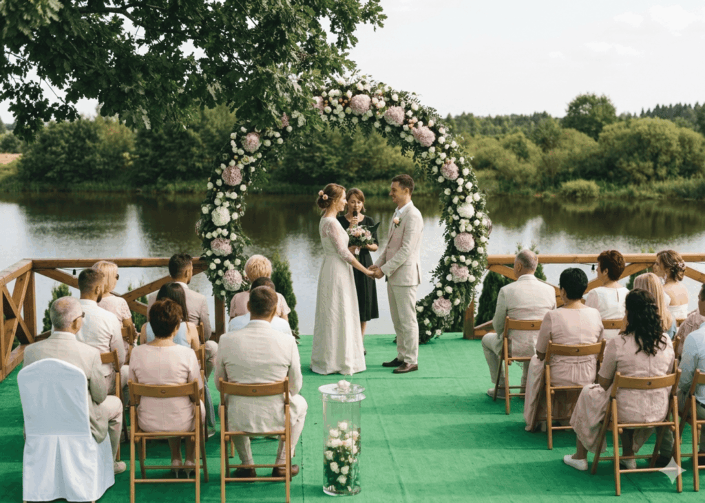 ceremonie-de-maries-sous-une-arche-de-fleurs-avec-les -invites-face-a-un-lac