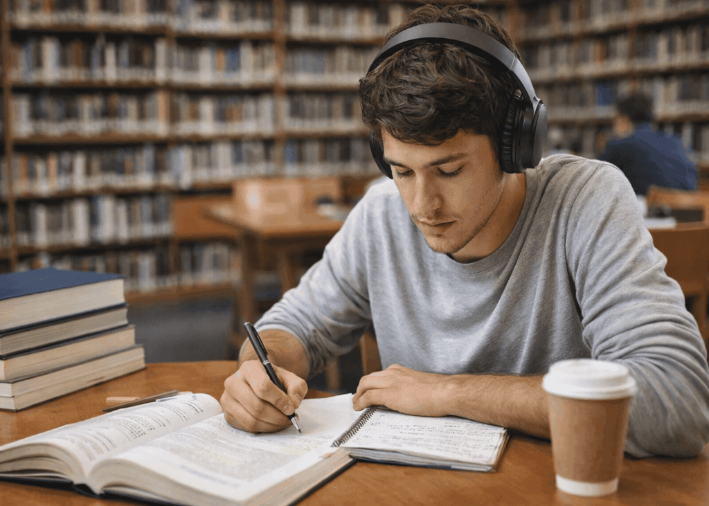 etudiant-qui-revise-a-la-bibliotheque-avec-un-casque-a-reduction-de-bruit