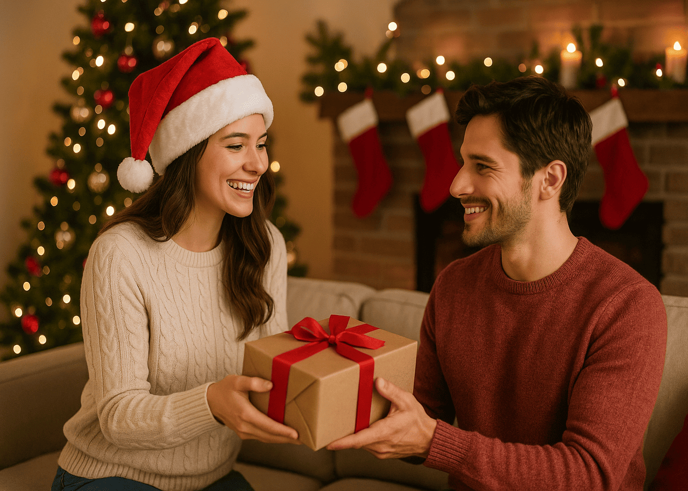 femme-qui-donne-un-cadeau-de-noel-a-son-petit-copain-dans-une-piece-decoree