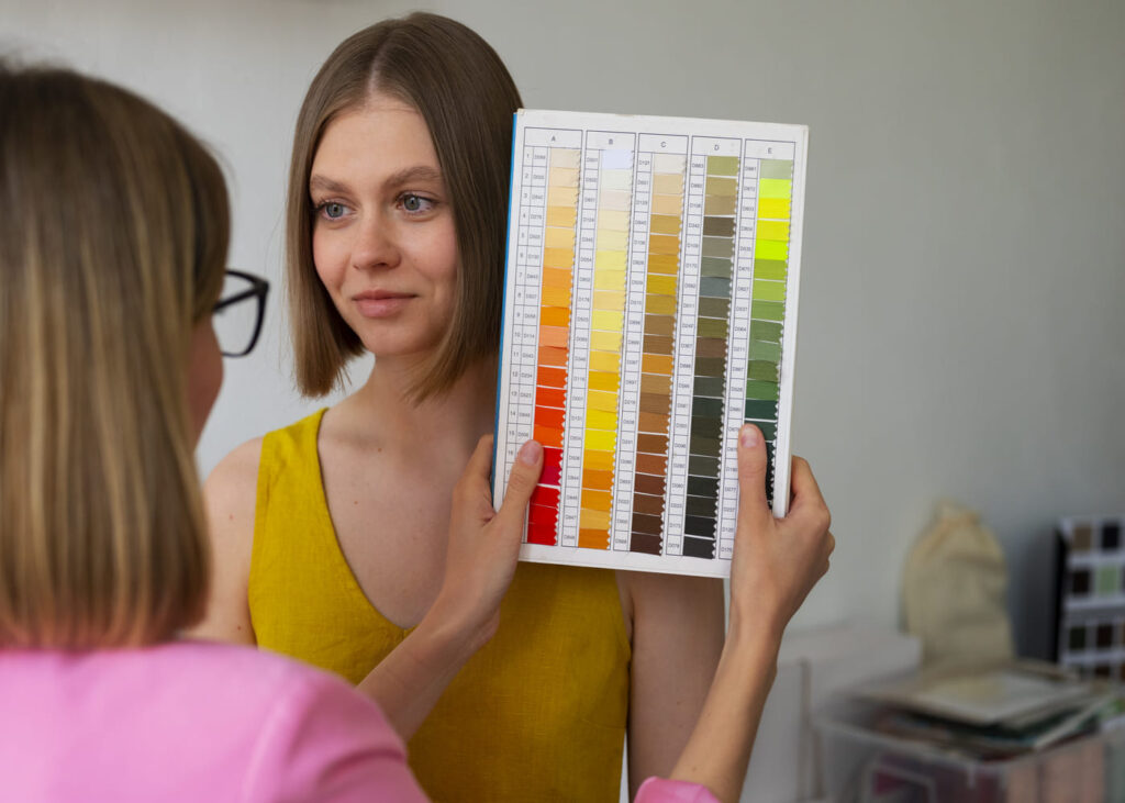 femme-qui-fait-une-analyse-de-colorimetrie-a-une-autre-femme
