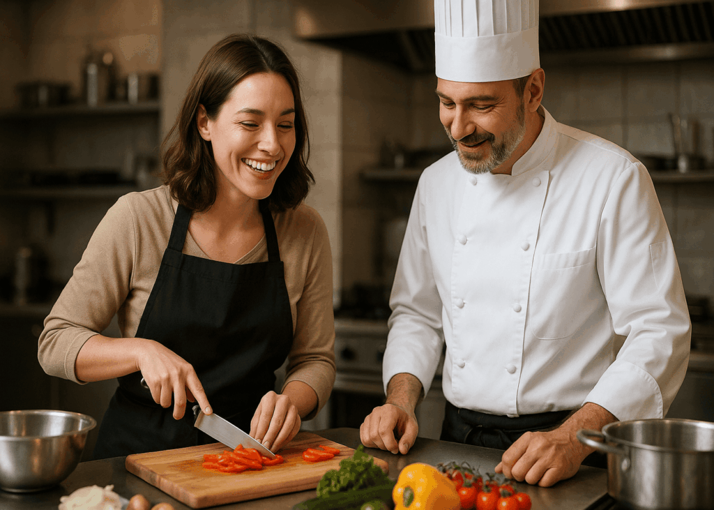 femme-qui-prend-un-cours-de-cuisine-avec-un-chef