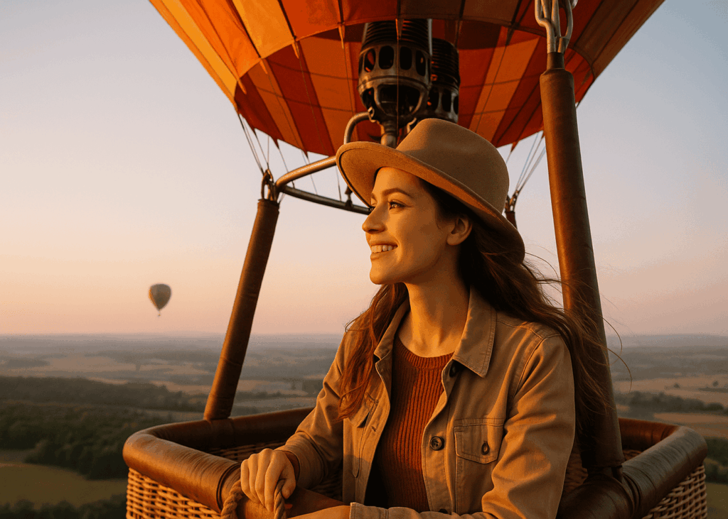 femme-qui-sourit-dans-une-nacelle-lors-d-un-vol-en-montgolfiere