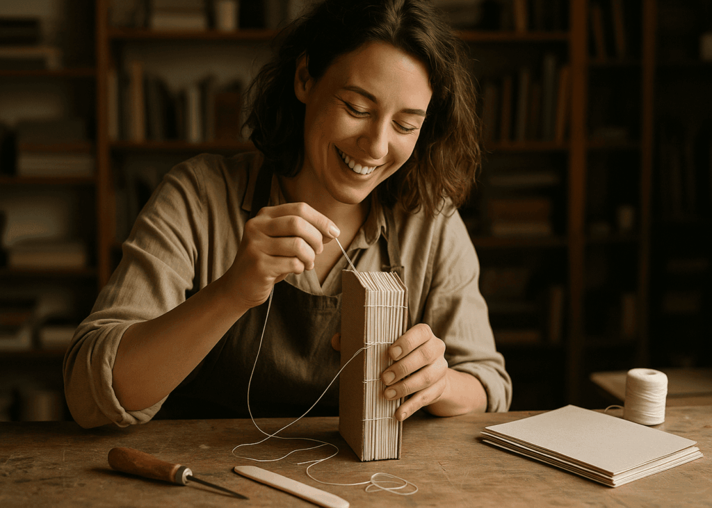 femme-qui-sourit-en-train-de-faire-un-atelier-de-gravure-sur-un-livre