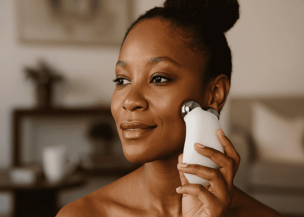 femme-qui-utilise-un-appareil-de-microcourants-dans-son-salon