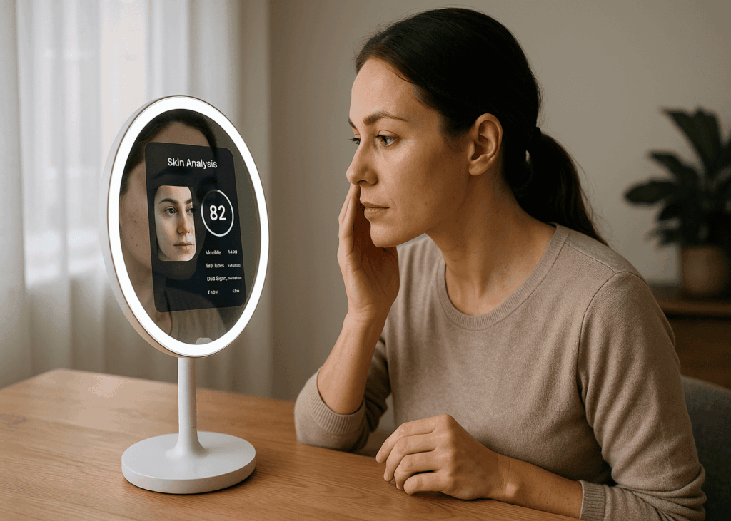 femme-qui-utilise-un-miroir-avec-analyse-de-peau