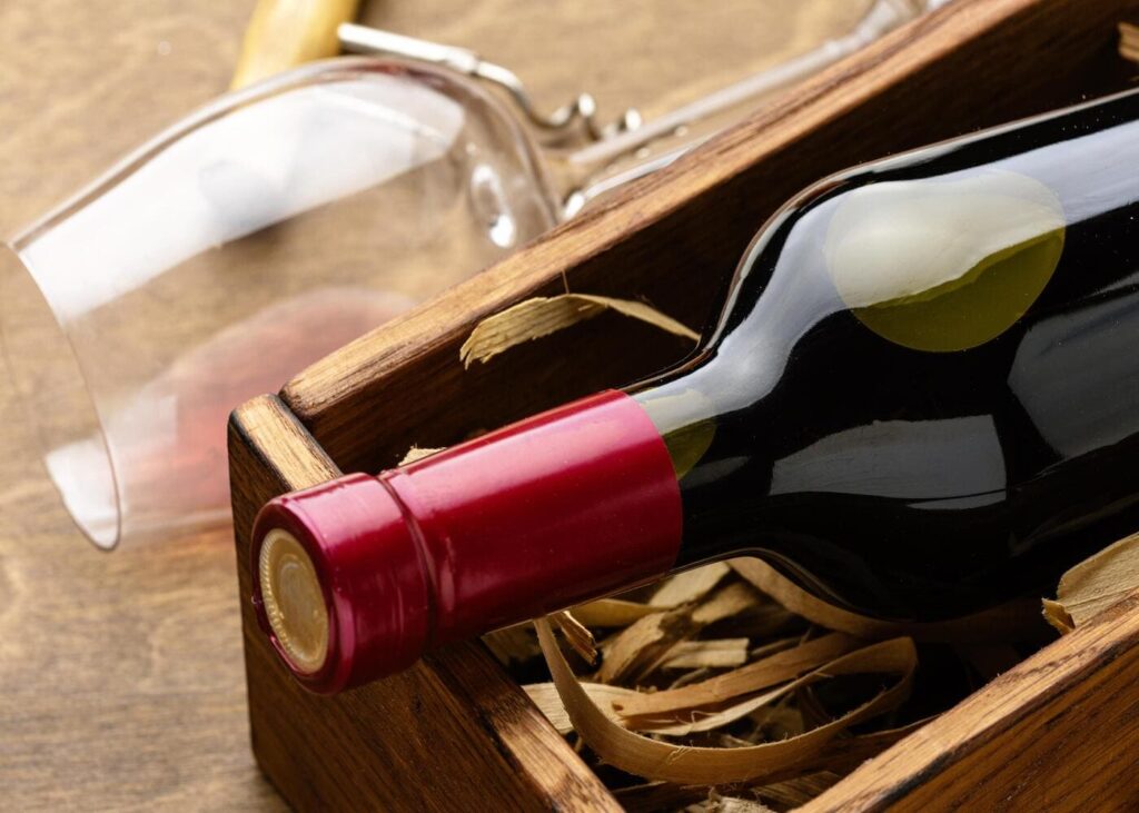 gros-plan-sur-un-verre-et-d-une-bouteille-de-vin-dans-un-coffret