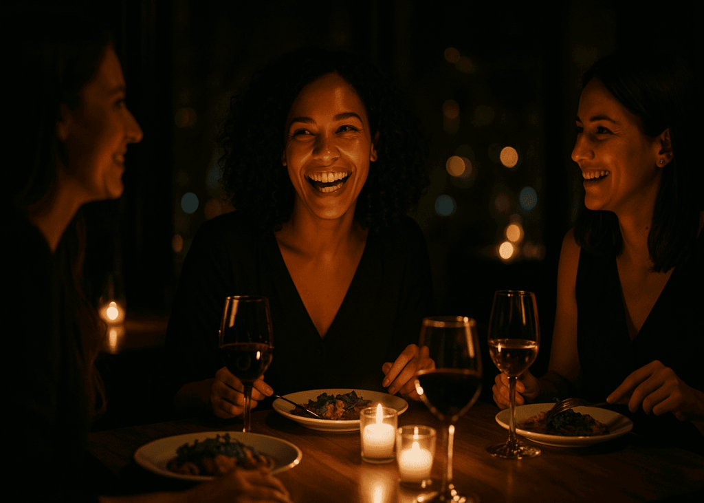 groupe-d-amies-qui-dine-dans-un-restaurant-dans-le-noir
