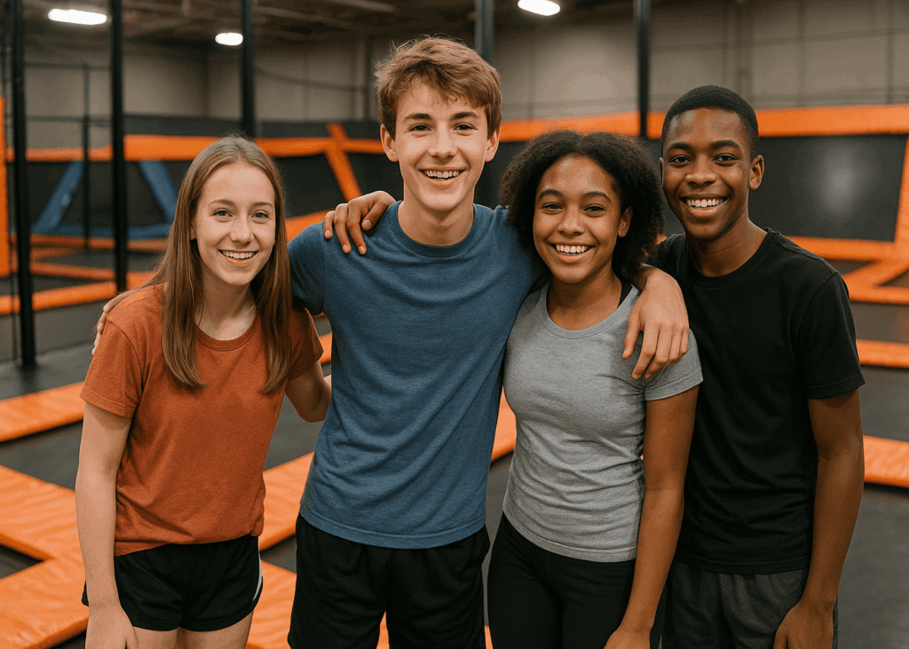 groupe-d-amis-qui-prennent-la-pose-en-souriant-dans-un-trampoline-park