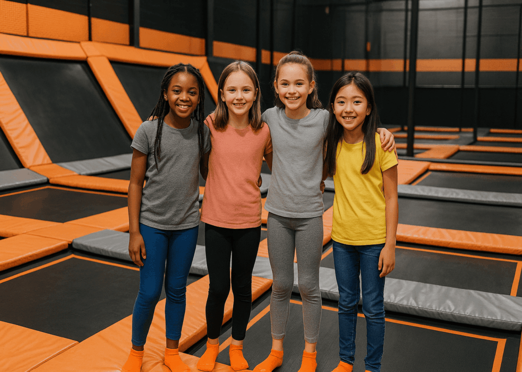 groupe-de-petites-filles-au-trampoline-park