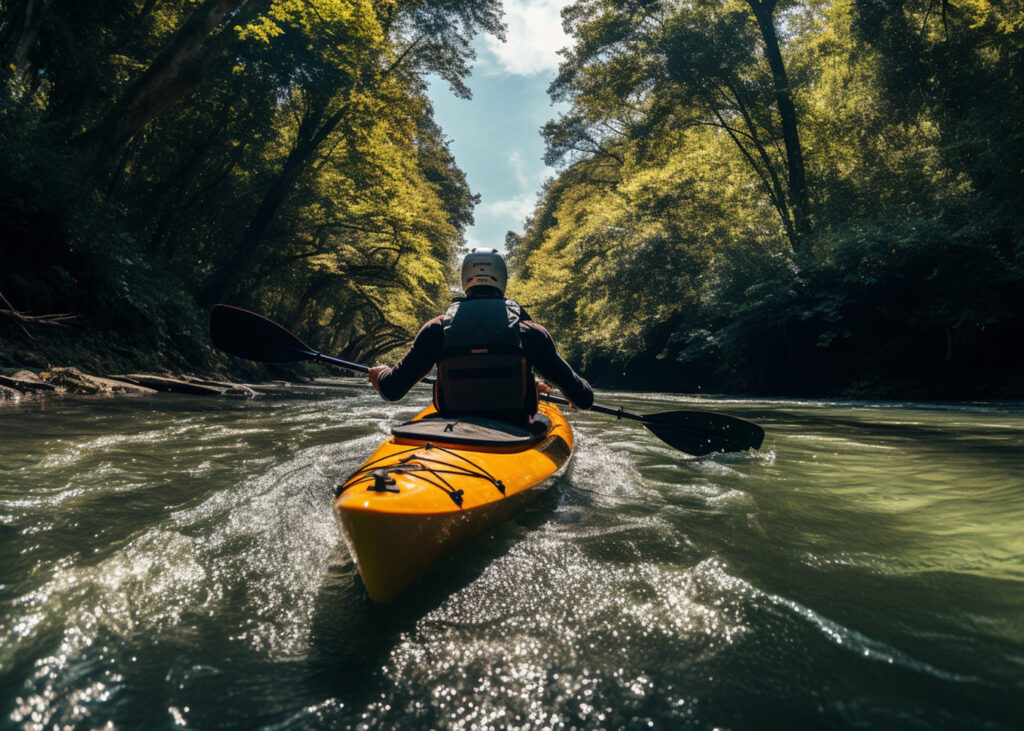 homme-de-dos-en-train-de-pagayer-sur-un-petit-bateau-en-pleine-nature