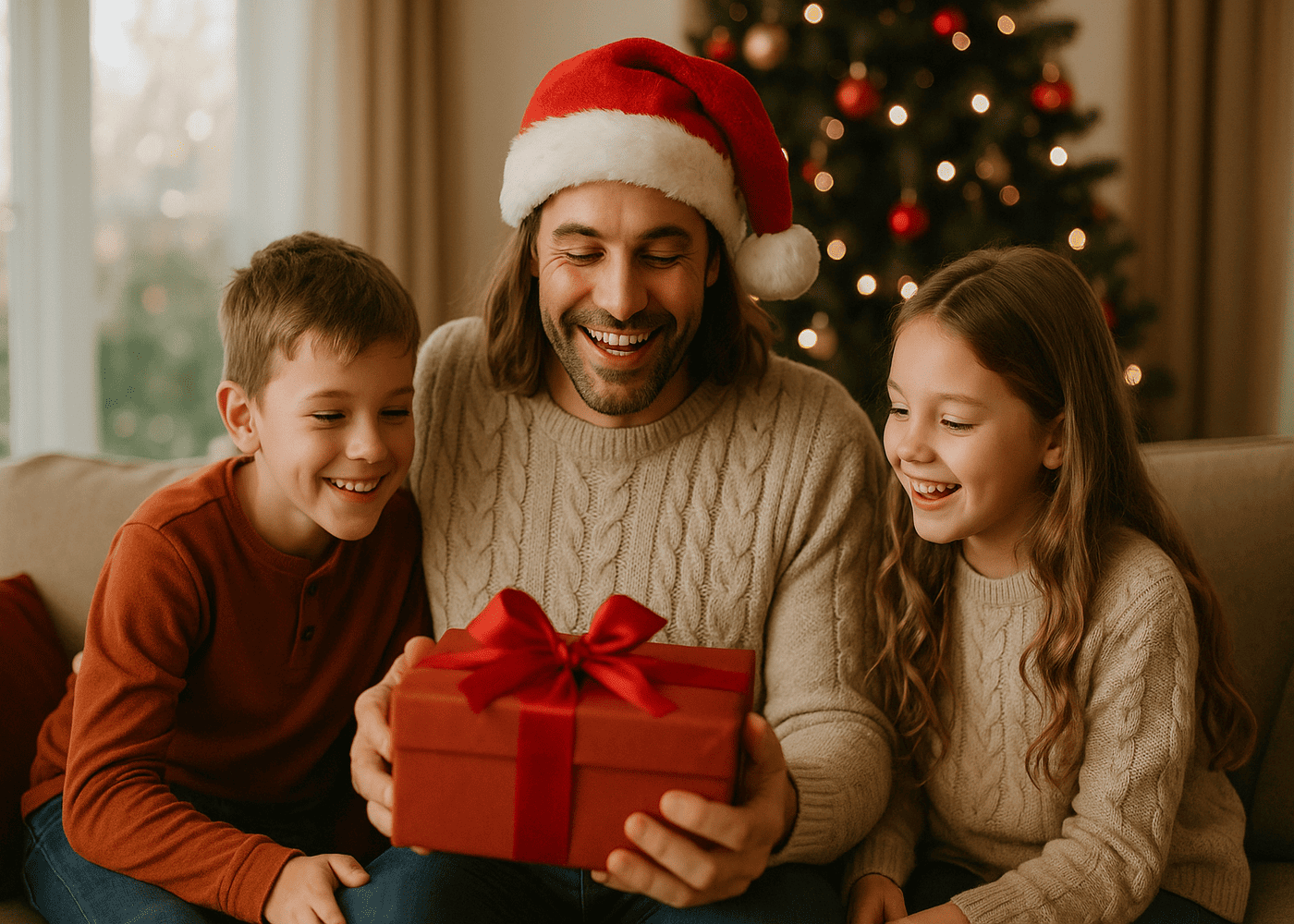 homme-heureux-entoure-de-ses-enfants-qui-tient-son-cadeau-de-noel-entre-les-mains