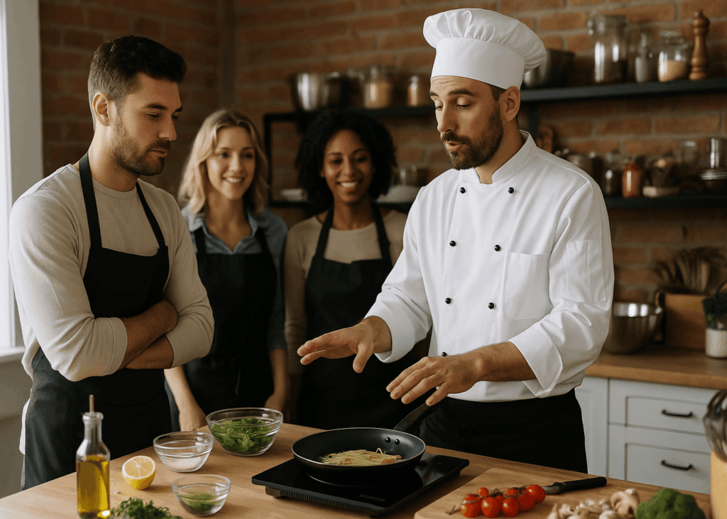 homme-qui-prend-un-cours-de-cuisine-avec-un-chef-avec-deux-autres-femmes