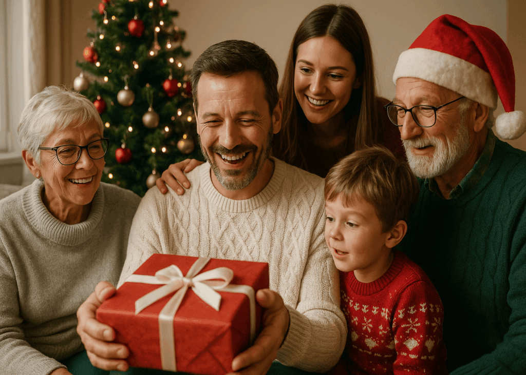 homme-qui-sourit-qui-tient-son-cadeau-de-noel-entre-ses-mains-entoure-de-sa-famille