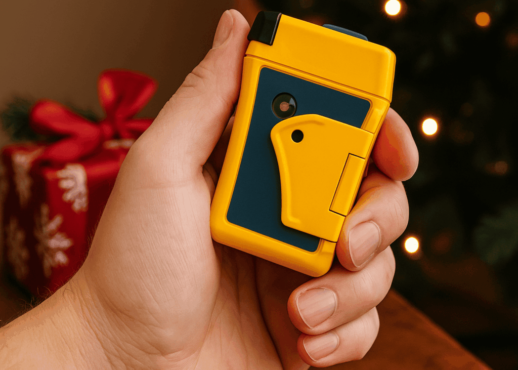main-d-homme-qui-tient-une-balise-de-secours-avec-cadeau-et-sapin-de-noel-en-arriere-plan