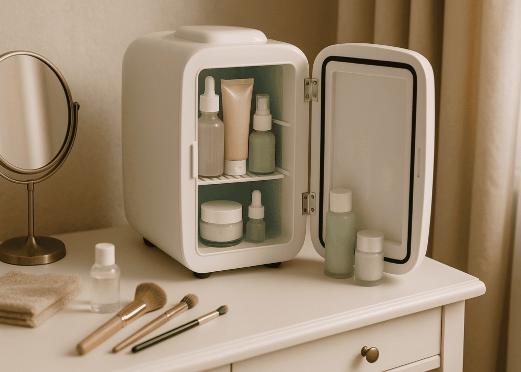 mini-frigo-de-skincare-pose-sur-une-coiffeuse-beaute