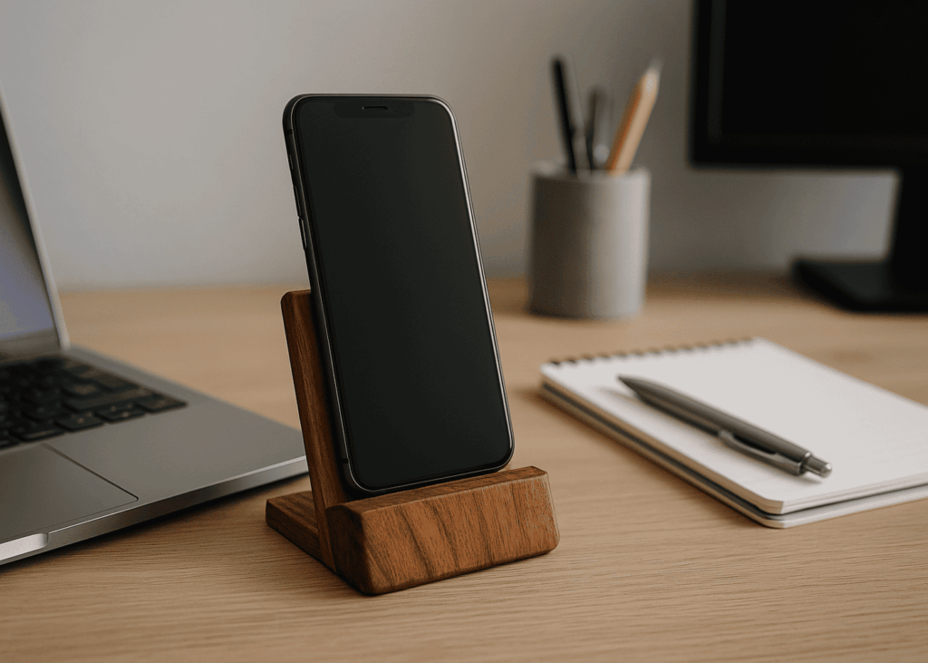 support-de-telephone-en-bois-pose-sur-un-bureau-de-travail