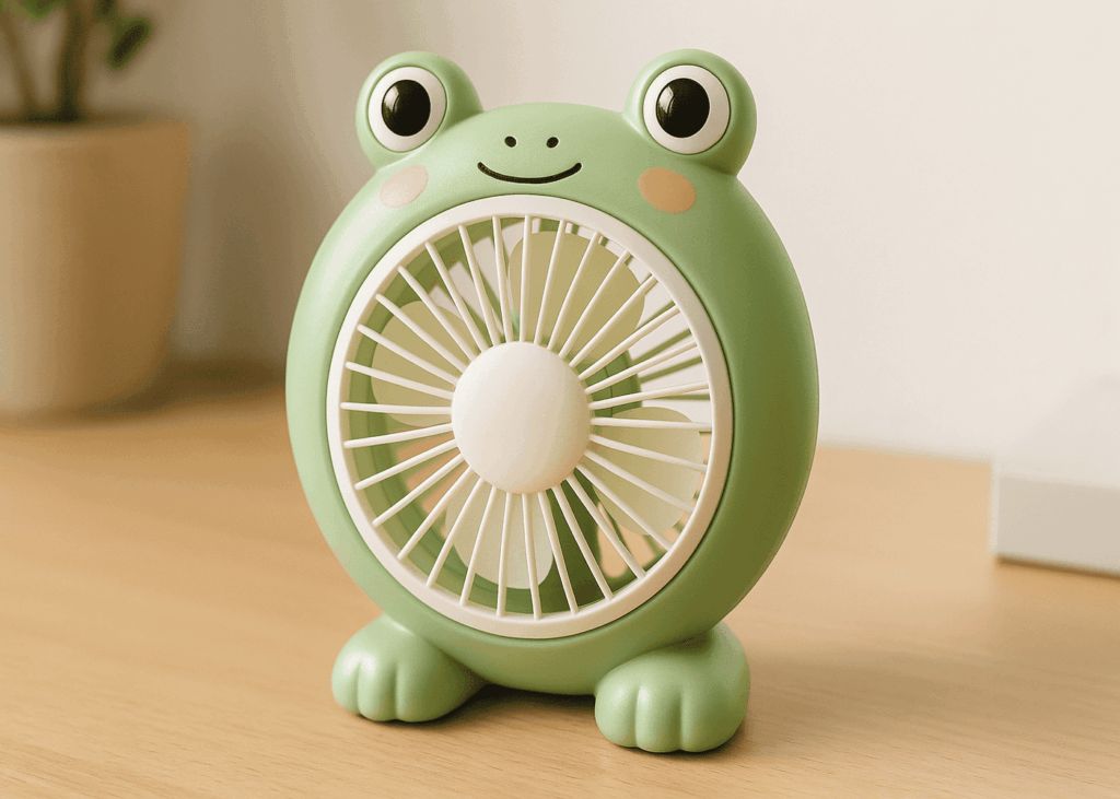 ventilateur-de-bureau-en-forme-de-grenouille-pose-sur-une-table-en-bois