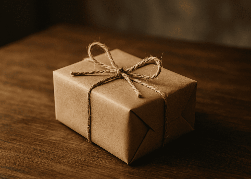 cadeau-mystere-emballe-de-papier-kraft-pose-sur-une-table-en-bois