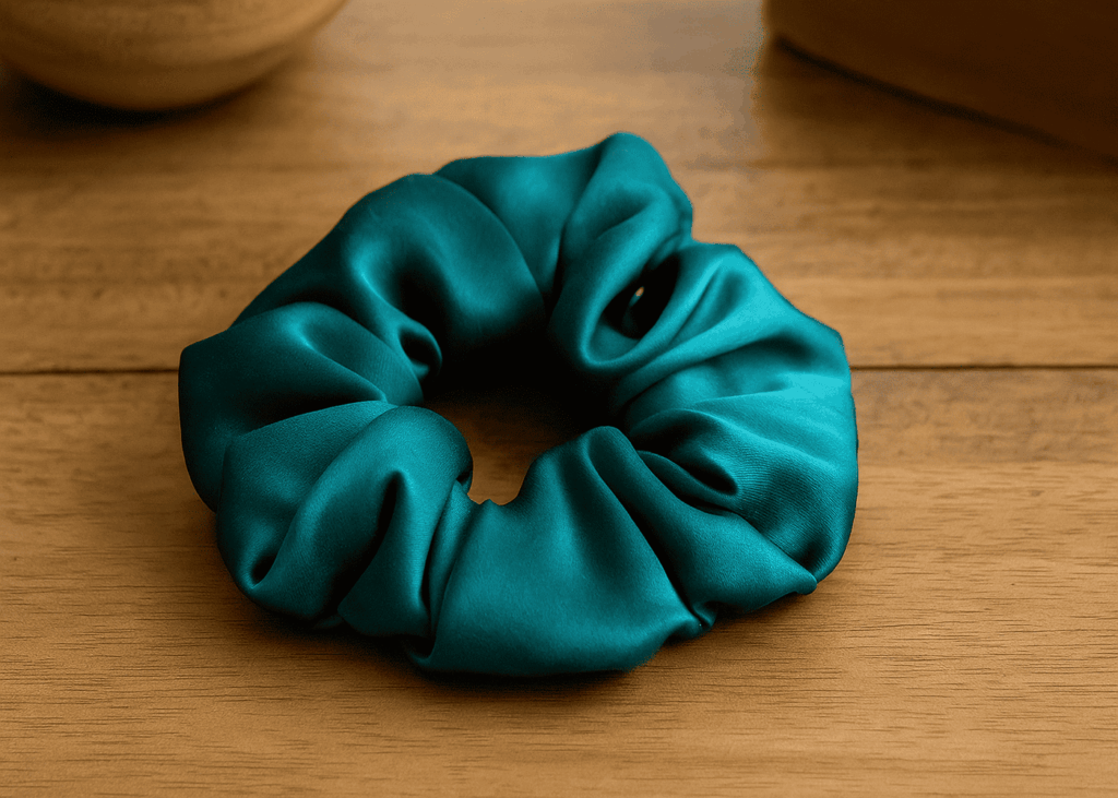 elastique-en-soie-bleu-canard-pose-sur-une-table-en-bois