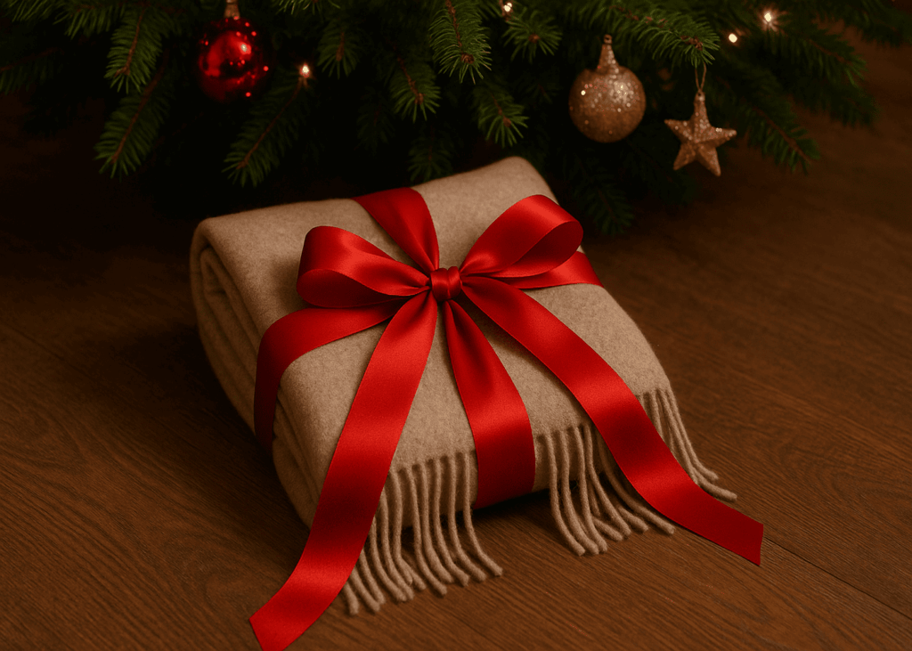 etole-en-cachemire-emballe-dans-un-ruban-rouge-et-pose-au-pied-d-un-sapin-de-noel