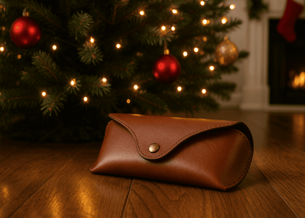 etui-a-lunettes-en-cuir-pose-au-pied-d-un-sapin-de-noel