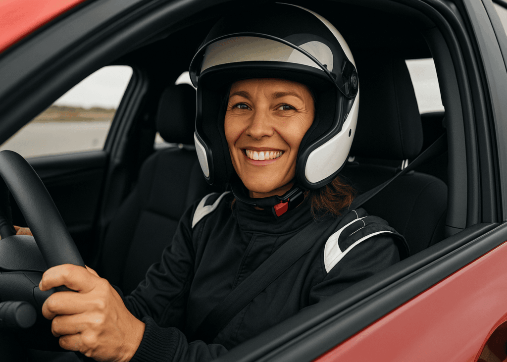 femme-de-40-ans-avec-un-casque-au-volant-d-une-voiture-pendant-un-stage-de-pilotage