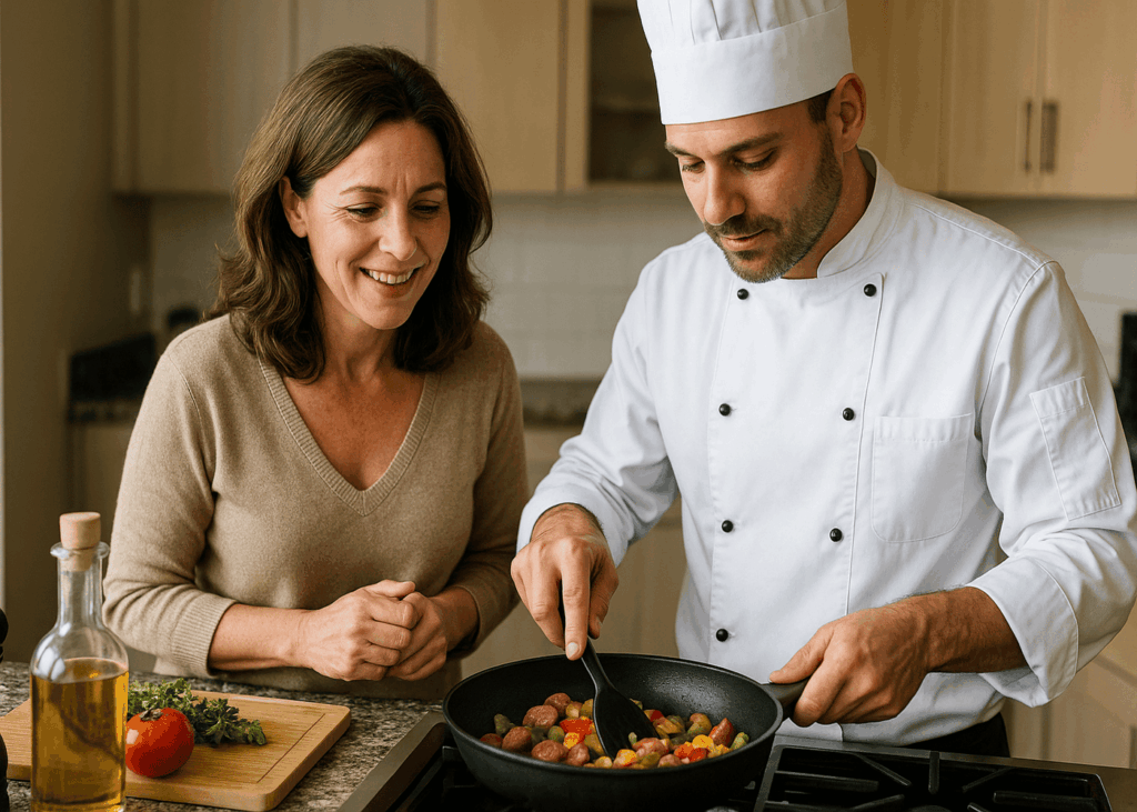 femme-de-40-ans-avec-un-chef-cuisinier-qui-cuisine-pour-elle-a-domicile