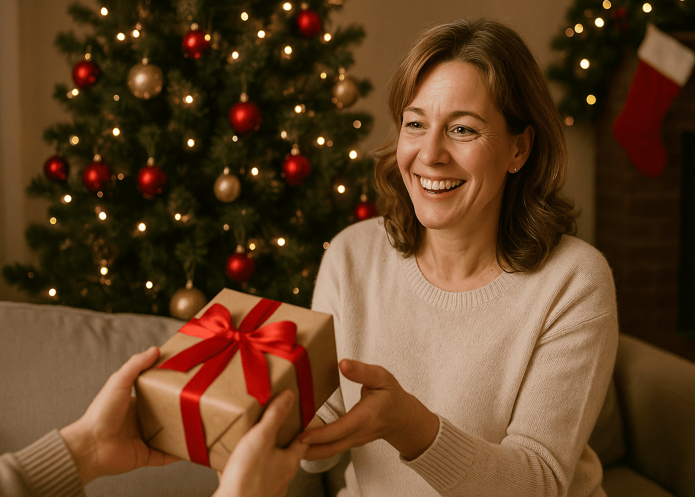 femme-de-40-ans-qui-sourit-en-prenant-le-cadeau-de-noel-qu-on-lui-tend-devant-le-sapin