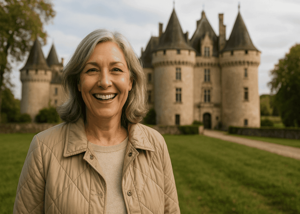 femme-de-50-ans-qui-sourit-avec-un-chateau-en-arriere-plan