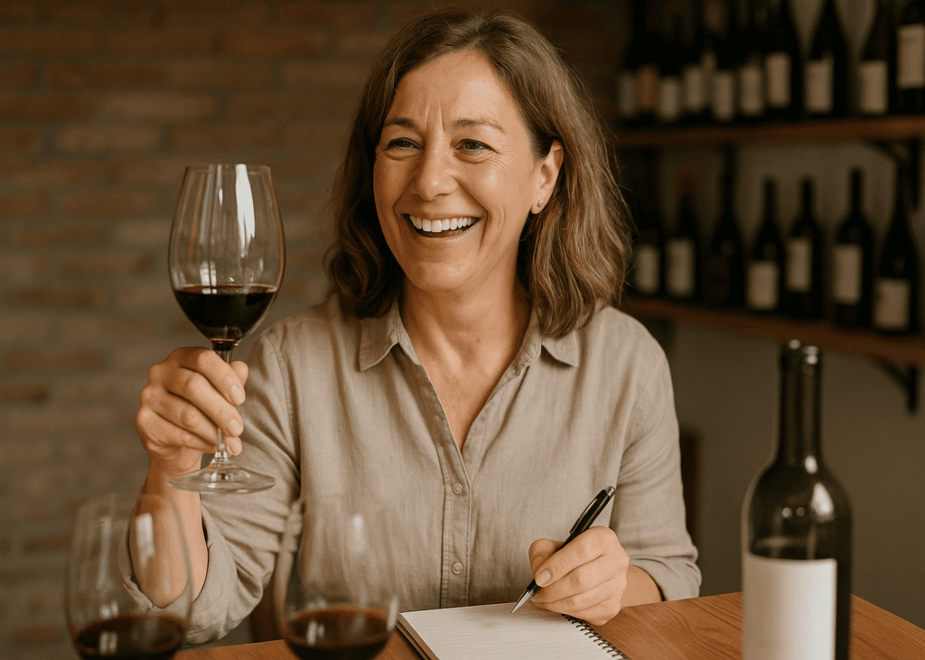 femme-de-50-ans-qui-tient-un-verre-de-vin-rouge-pendant-un-atelier-oenologique