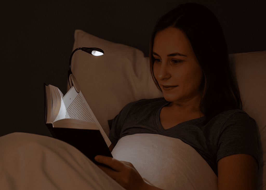 femme-qui-lit-un-livre-dans-son-lit-avec-une-lampe-portable