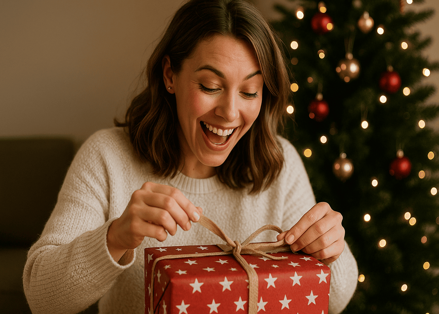 femme-qui-sourit-en-deballant-son-cadeau-devant-un-sapin-de-noel