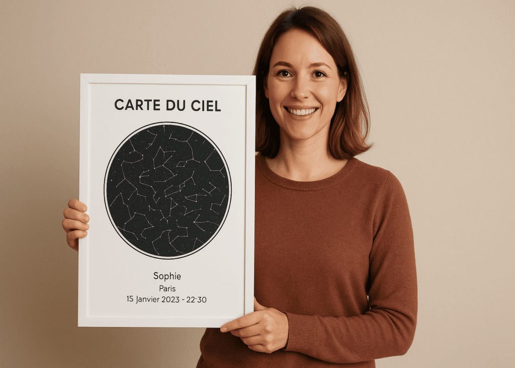femme-qui-tient-une-carte-du-ciel-personnalise-devant-un-mur-beige