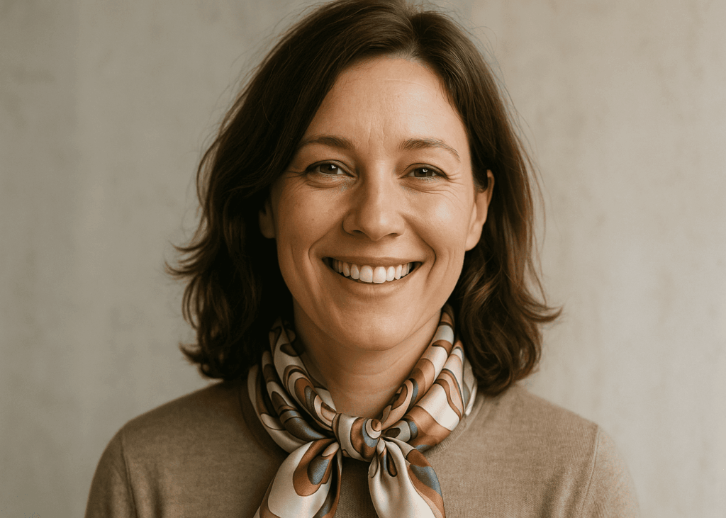 femme-souriante-de-40-ans-qui-porte-un-fouloard-en-soie-autour-du-cou