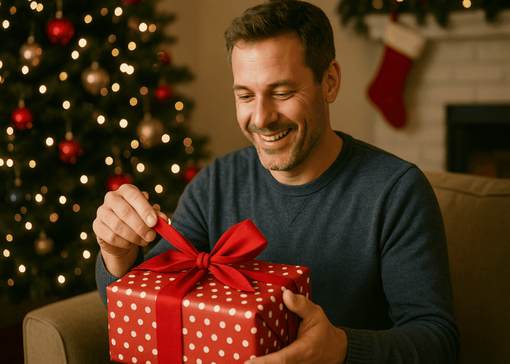 homme-de-40-ans-qui-ouvre-un-cadeau-rouge-assis-devant-un-sapin-de-noel