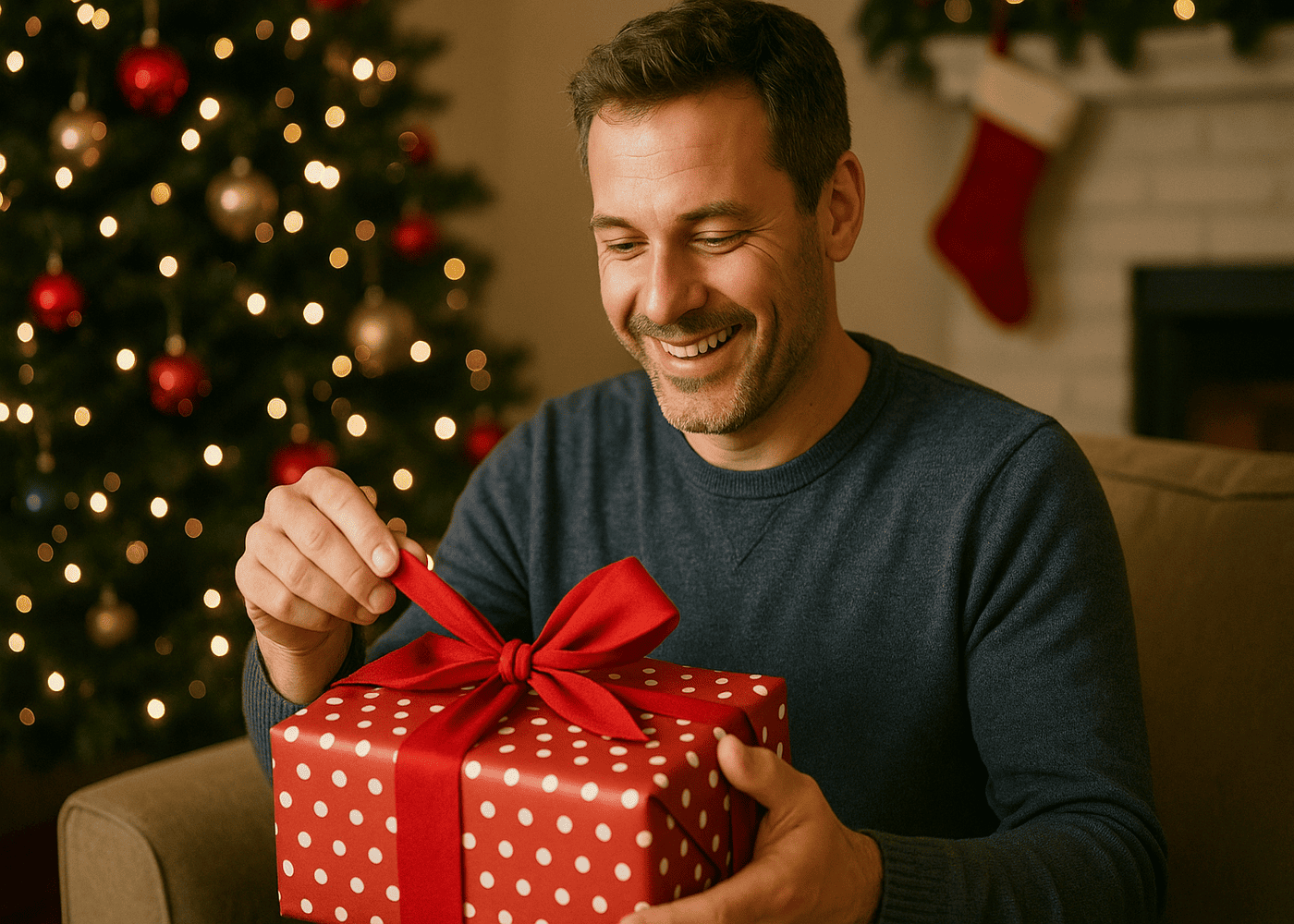 homme-de-40-ans-qui-ouvre-un-cadeau-rouge-assis-devant-un-sapin-de-noel