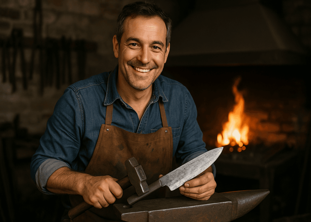 homme-de-40-ans-qui-sourit-en-train-de-forger-un-couteau