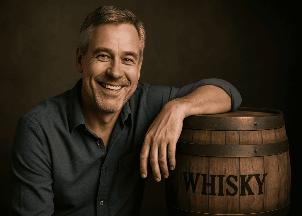 homme-de-50-ans-accoude-a-un-fut-de-whisky-en-souriant