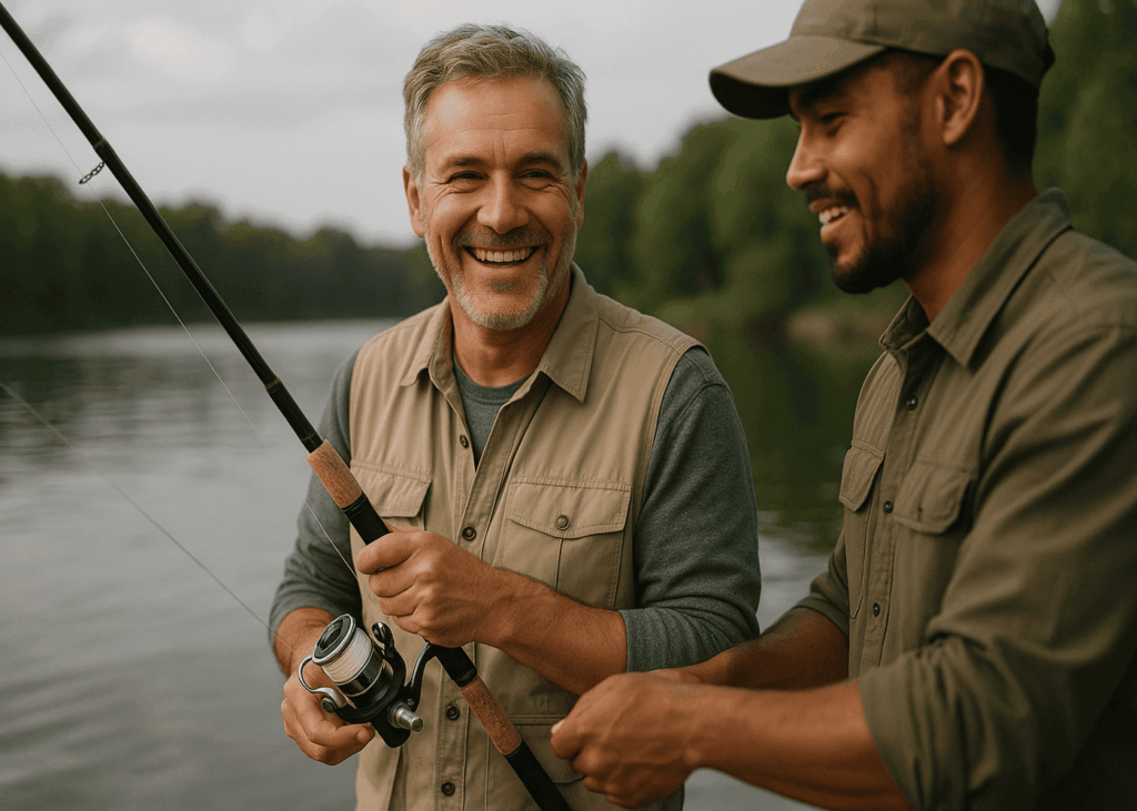 homme-de-50-ans-qui-fait-de-la-peche-avec-un-guide-dans-un-lac
