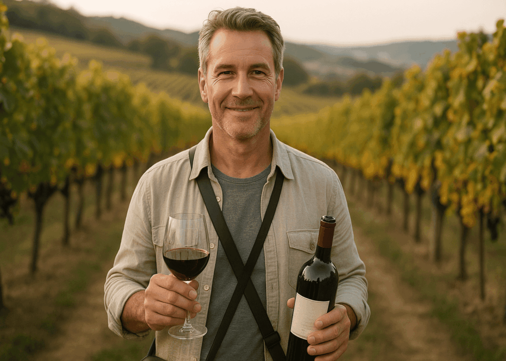 homme-de-50-ans-qui-sourit-en-tenant-une-bouteille-de-vin-et-un-verre-au-milieu-des-vignobles