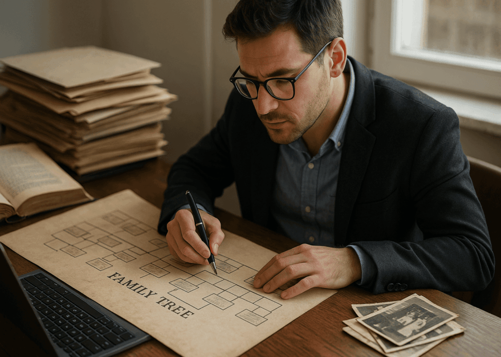 homme-en-costume-avec-lunettes-qui-remplit-un-arbre-genealogique
