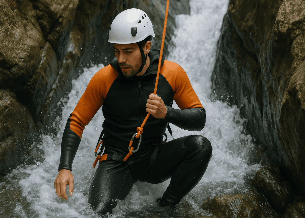 homme-qui-fait-du-canyoning-dans-une-riviere-pres-de-parois-rocheuses
