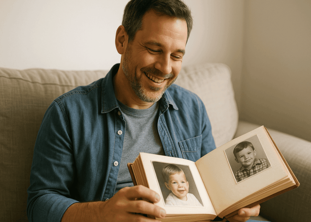 homme-qui-sourit-en-regardant-un-album-photo-avec-dess-photos-de-son-enfance