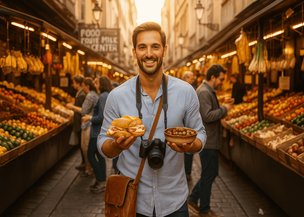 homme-qui-tient-un-plat-dans-chaque-main-dans-un-rue-commercante-avec-plein-de-stands-de-nourriture