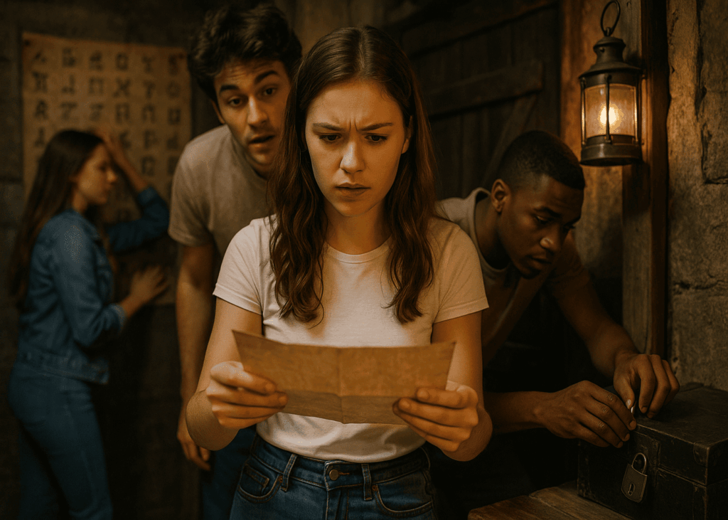 jeune-fille-avec-son-groupe-d-amis-qui-font-un-escape-game
