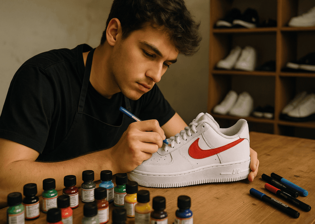 jeune-homme-qui-fait-personnalise-ses-baskets-blanches-avec-un-feutre-et-de-la-peinture