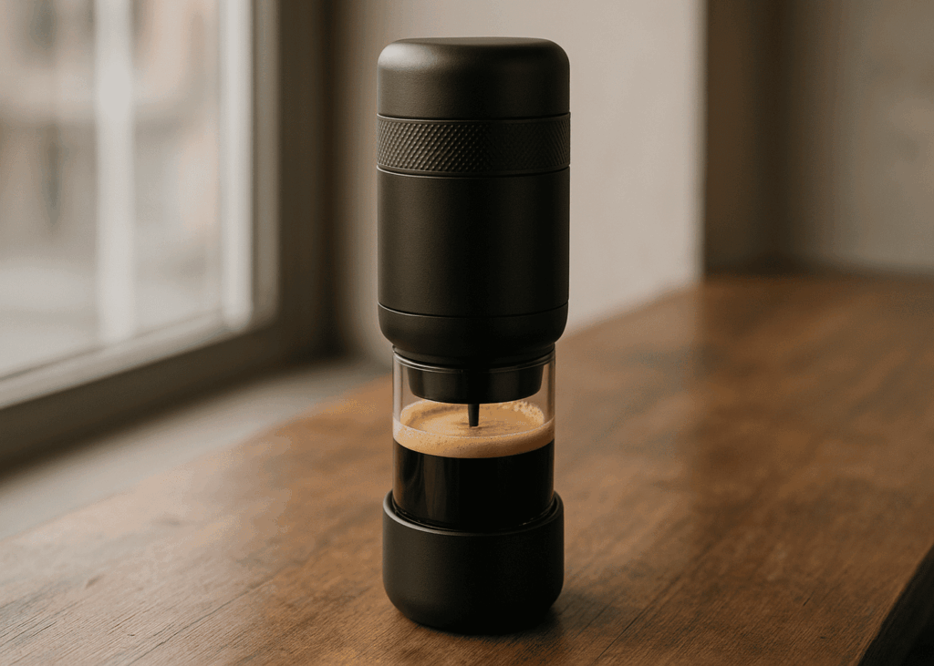 machine-a-cafe-portative-posee-sur-une-table-en-bois
